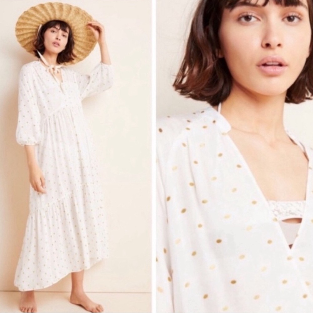Anthropologie Maxi Dress Augustine gold dot dress L used (fits like XL) PREWORN